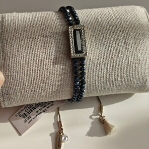 NEW Lonna & Lilly Bracelet Navy Blue Beaded Bolo Gold Tone Crystal Accent